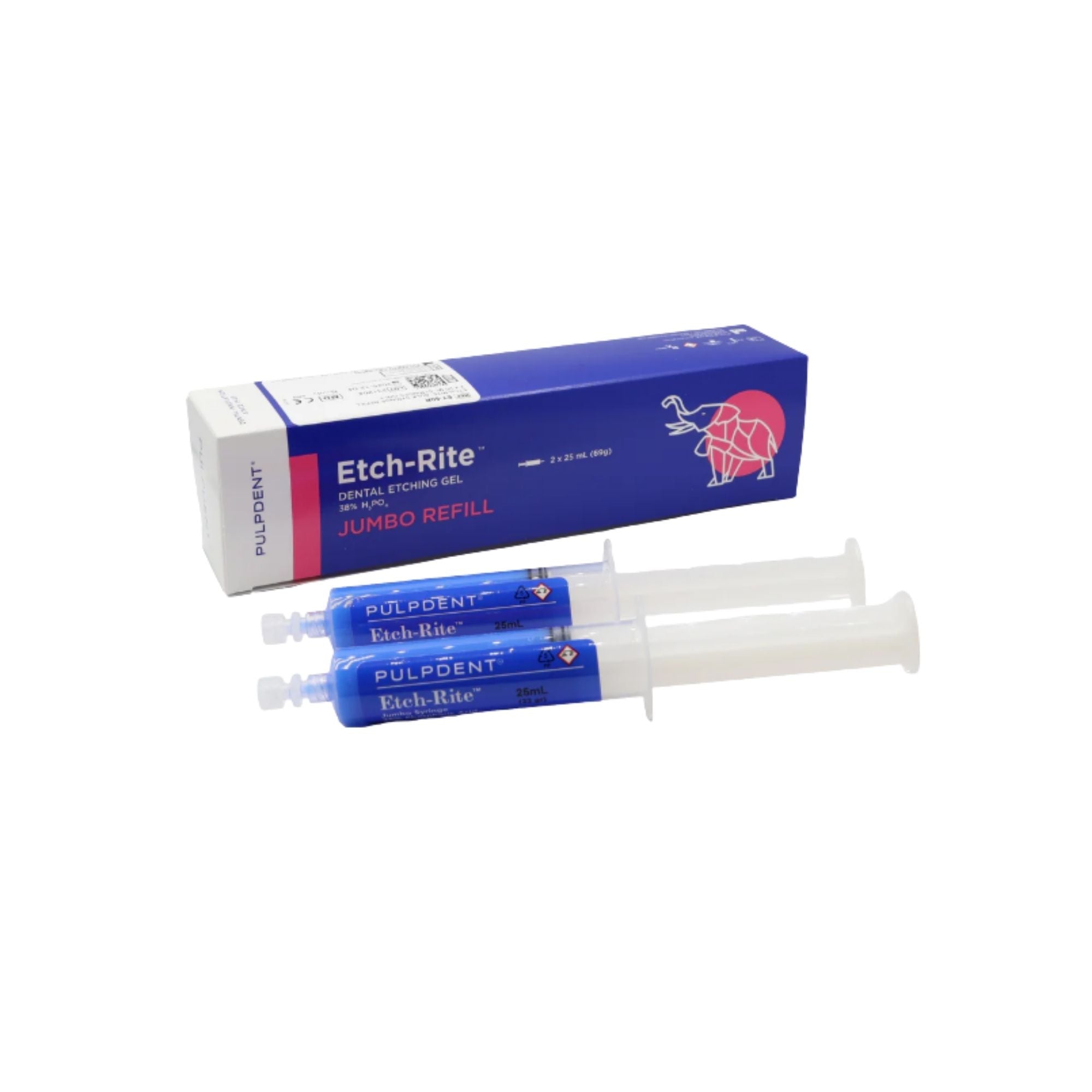 Pulpdent etch rite jumbo refill dental etching gel 38 percent 2 x 25ml syringe on a white background