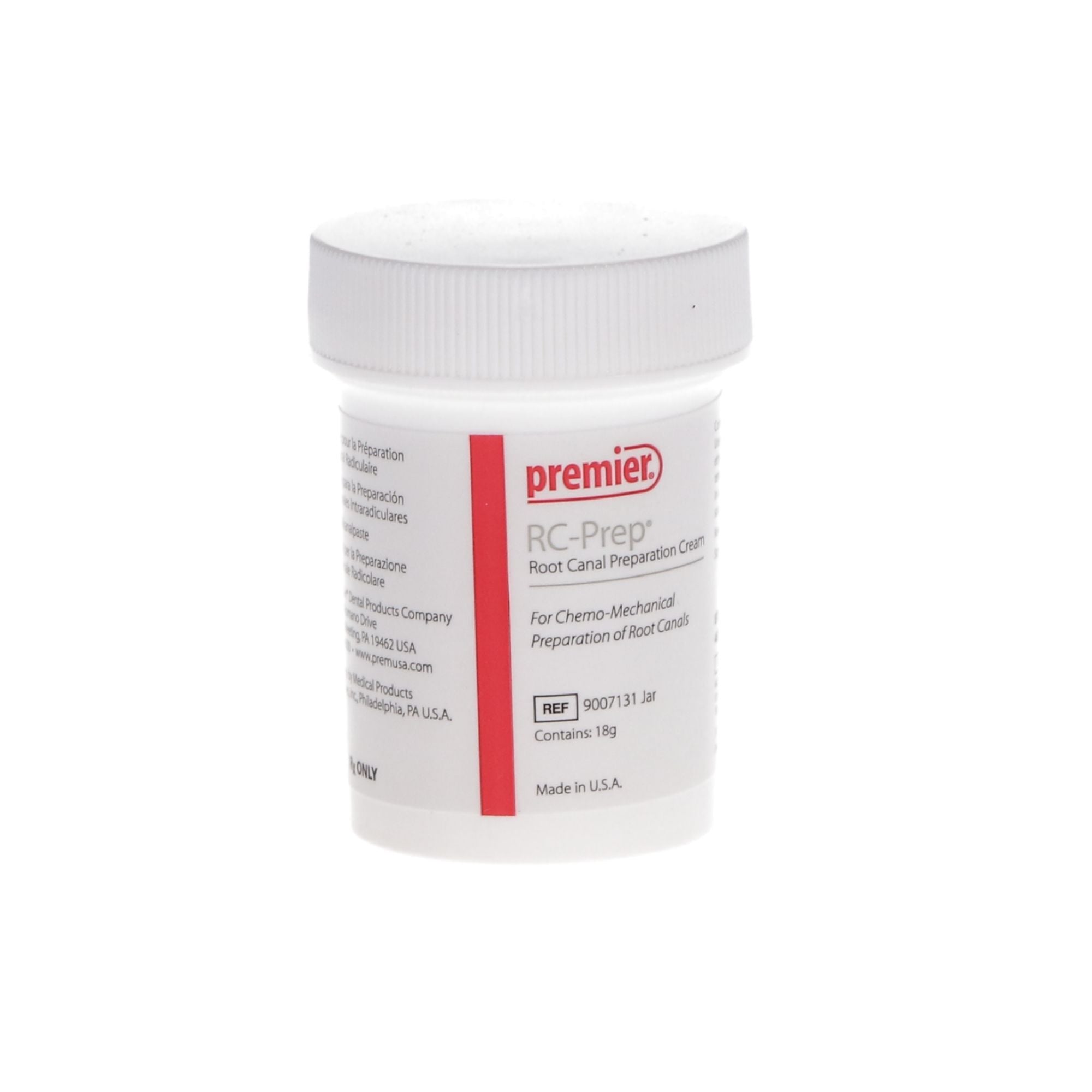Jar of RC-Prep root canal preparation cream with 'premier' branding on a white background