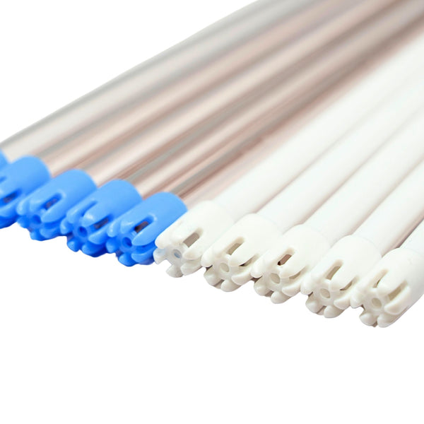 Close-up view of saliva ejector tips dual-color flexible disposable dental suction tips with vented design for moisture control
