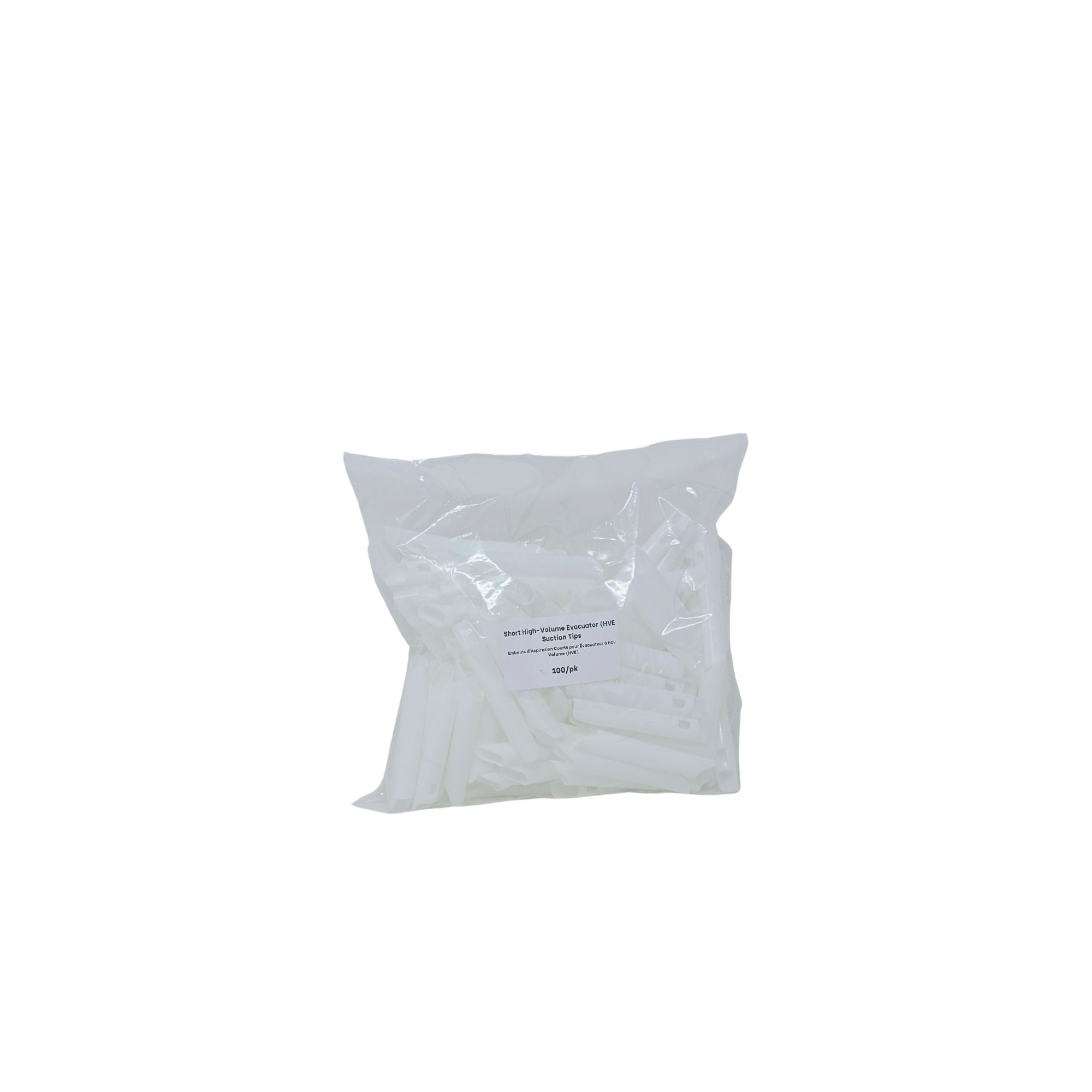 Package of short high volume evacuator HVE suction tips white plastic 100 per pack