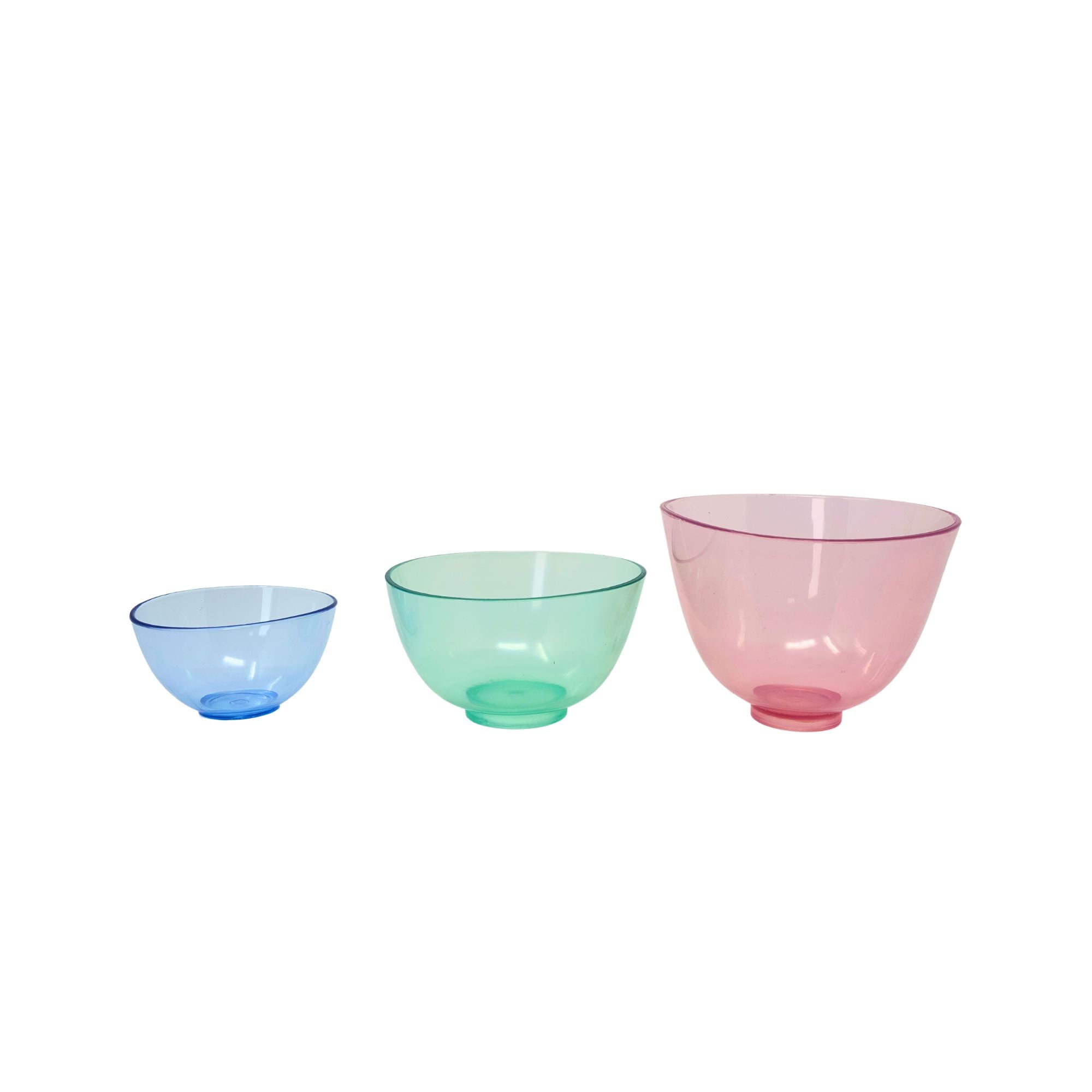 Soft clear mixing bowls in blue, green, and pink, ideal for dental or laboratory material mixing