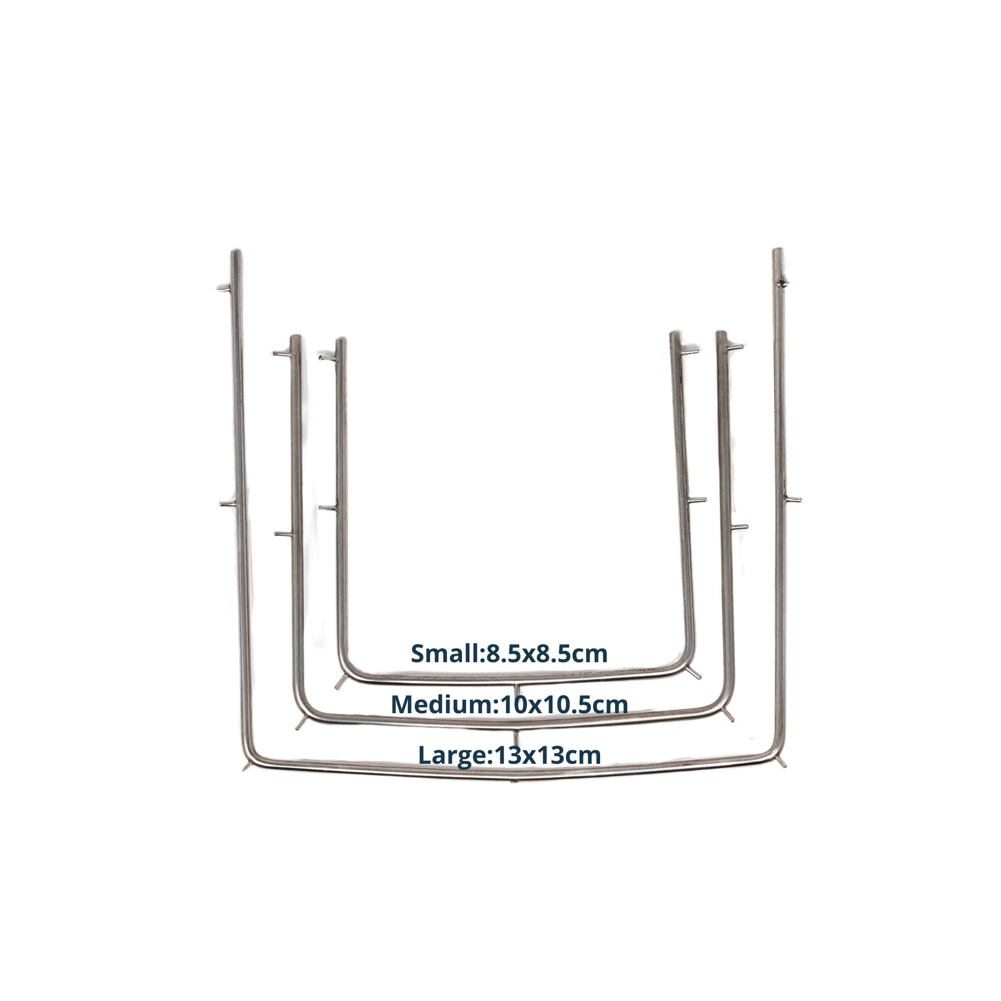 Stainless steel rubber dam frames in small medium and large sizes with dimensions labeled