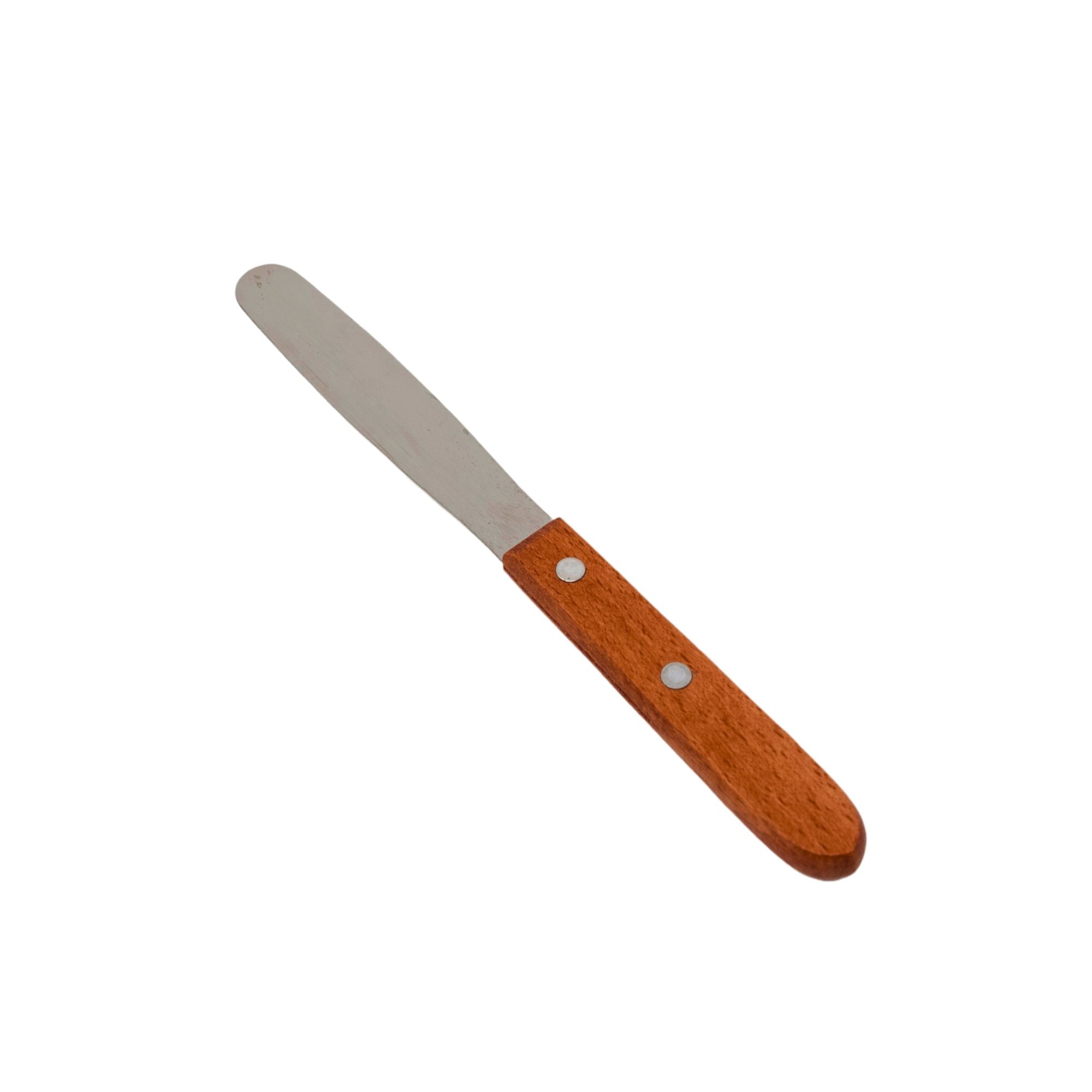 Stainless steel spatula with wood handle angled view