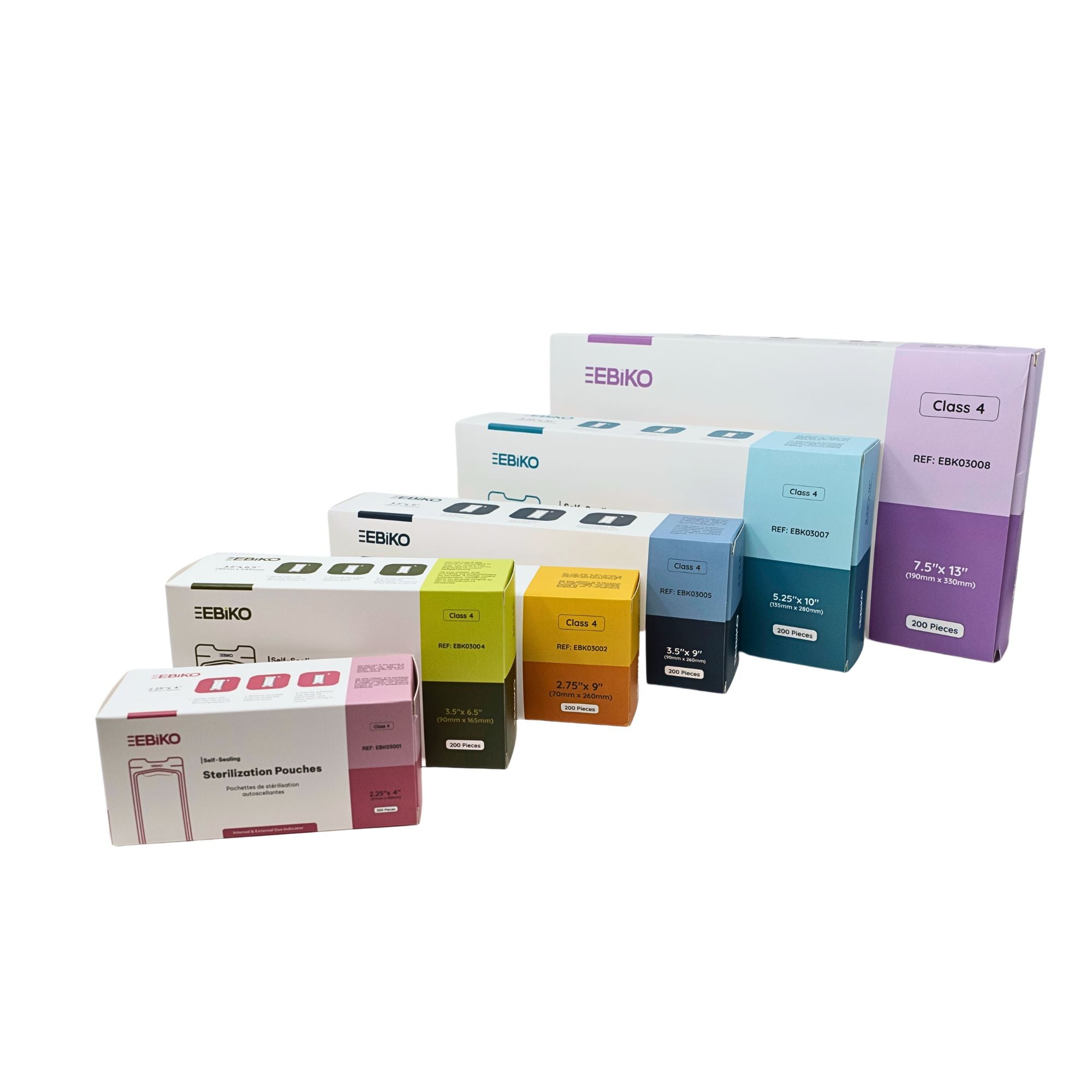 Sterilization Pouches Class 4 packaging range showing different sizes and colors for dental and medical sterilization use