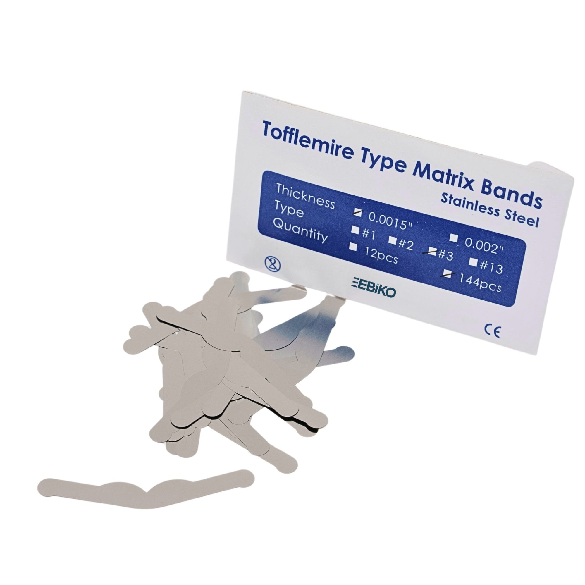 Ebiko Tofflemire Matrix Bands stainless steel #3 with 0.0015 thickness for dental restorations with packaging