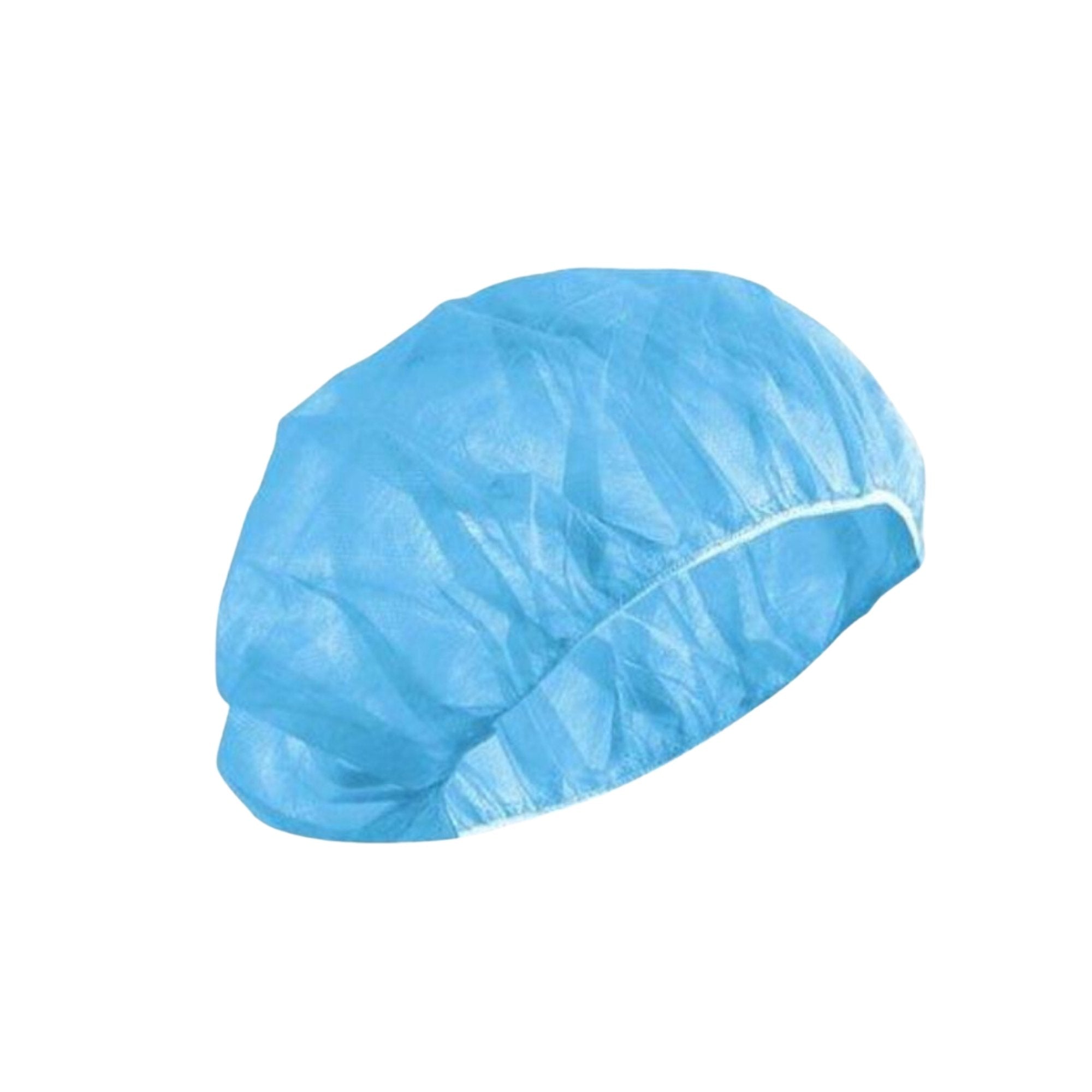 Blue disposable bouffant caps with elastic band available in 21 inch and 24 inch sizes