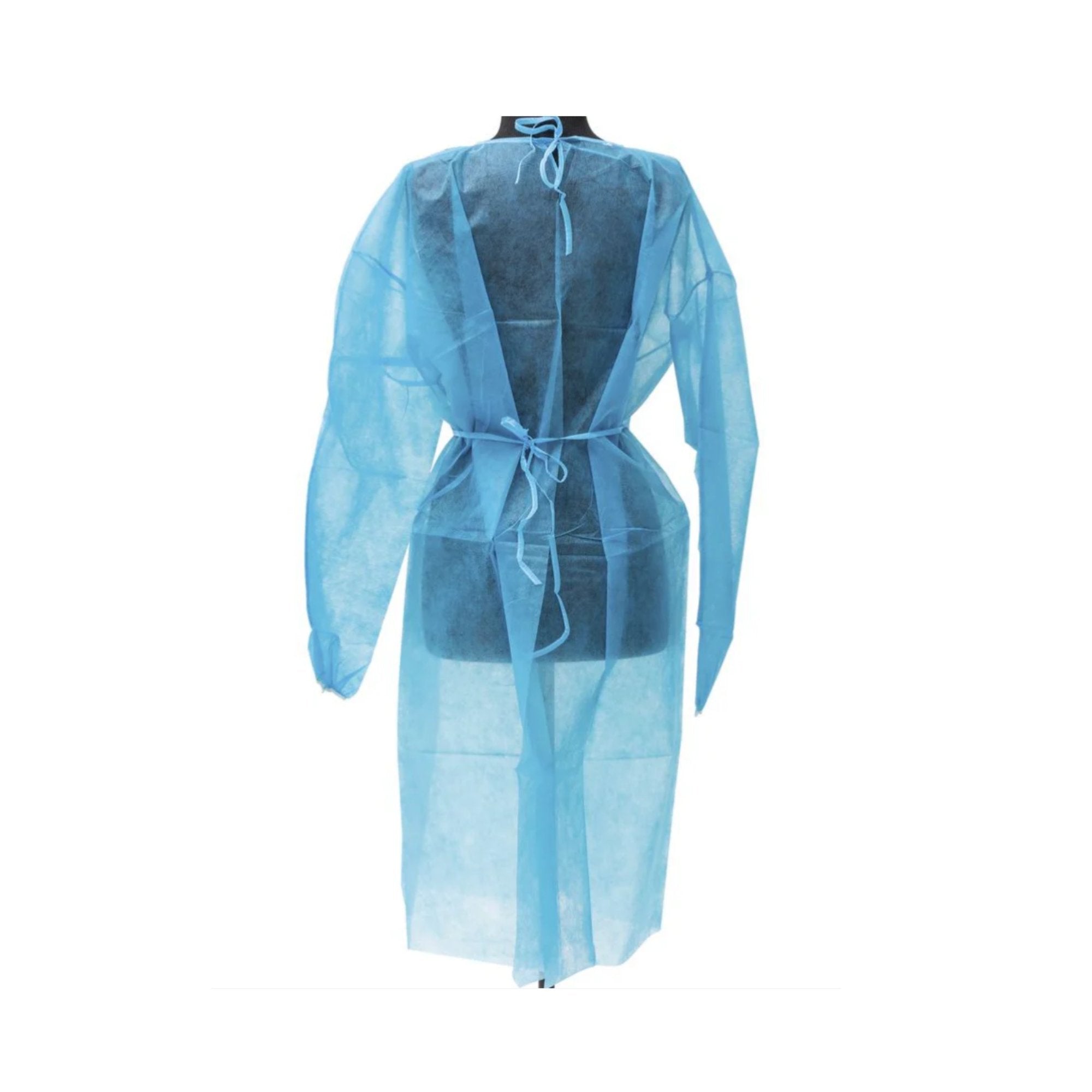 Blue disposable isolation gown made from SMS material with elastic cuffs ideal for dental medical and laboratory use