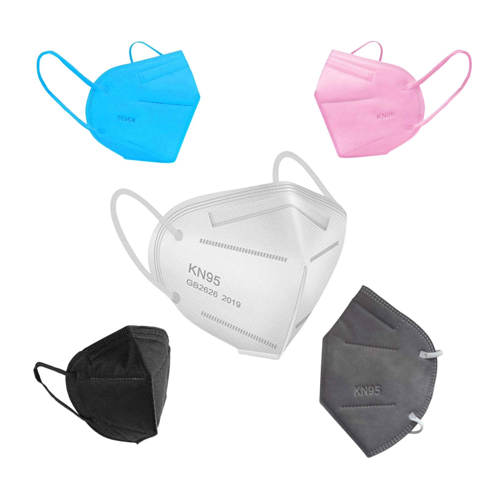 KN95 respirator face masks in assorted colors includes white black blue pink and grey with ear loops individually sealed pack of 20