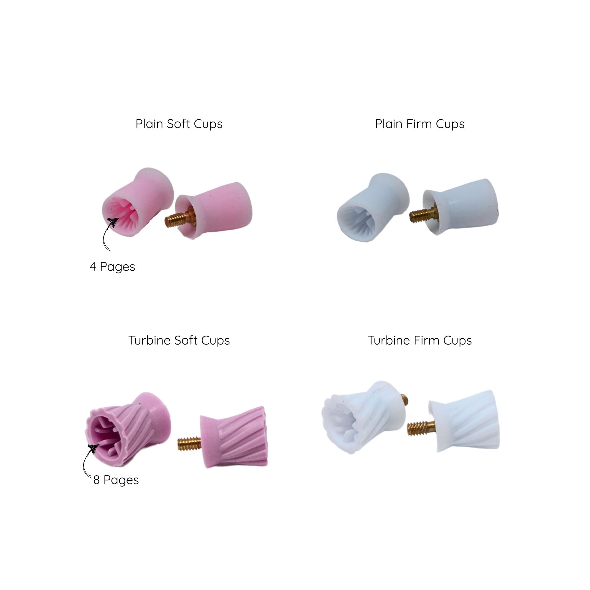 Screw-on prophy cups in plain style and turbine style available in soft cups and firm cups