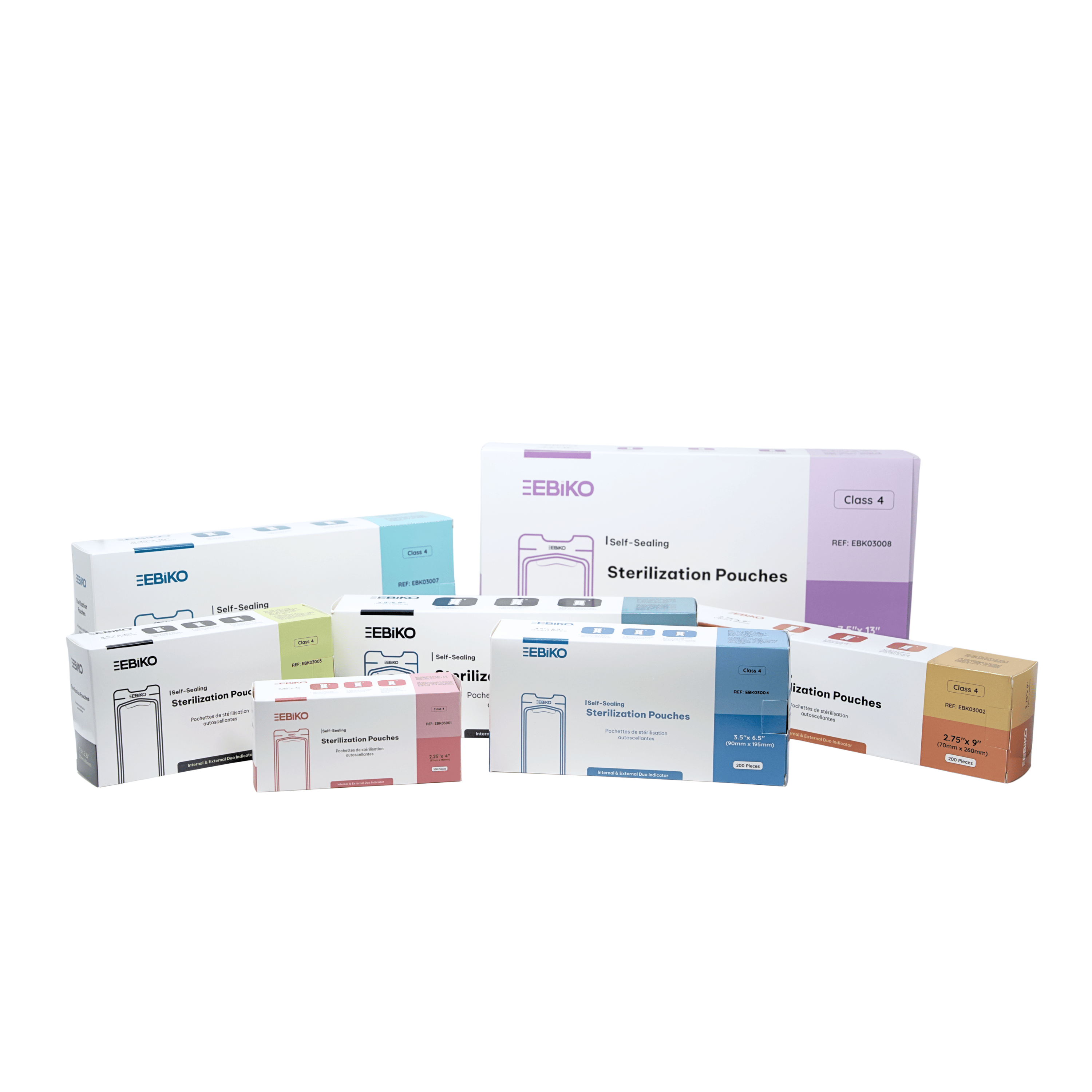 EBIKO Class 4 self-seal sterilization pouches shown in all 6 sizes for dental and medical instrument sterilization