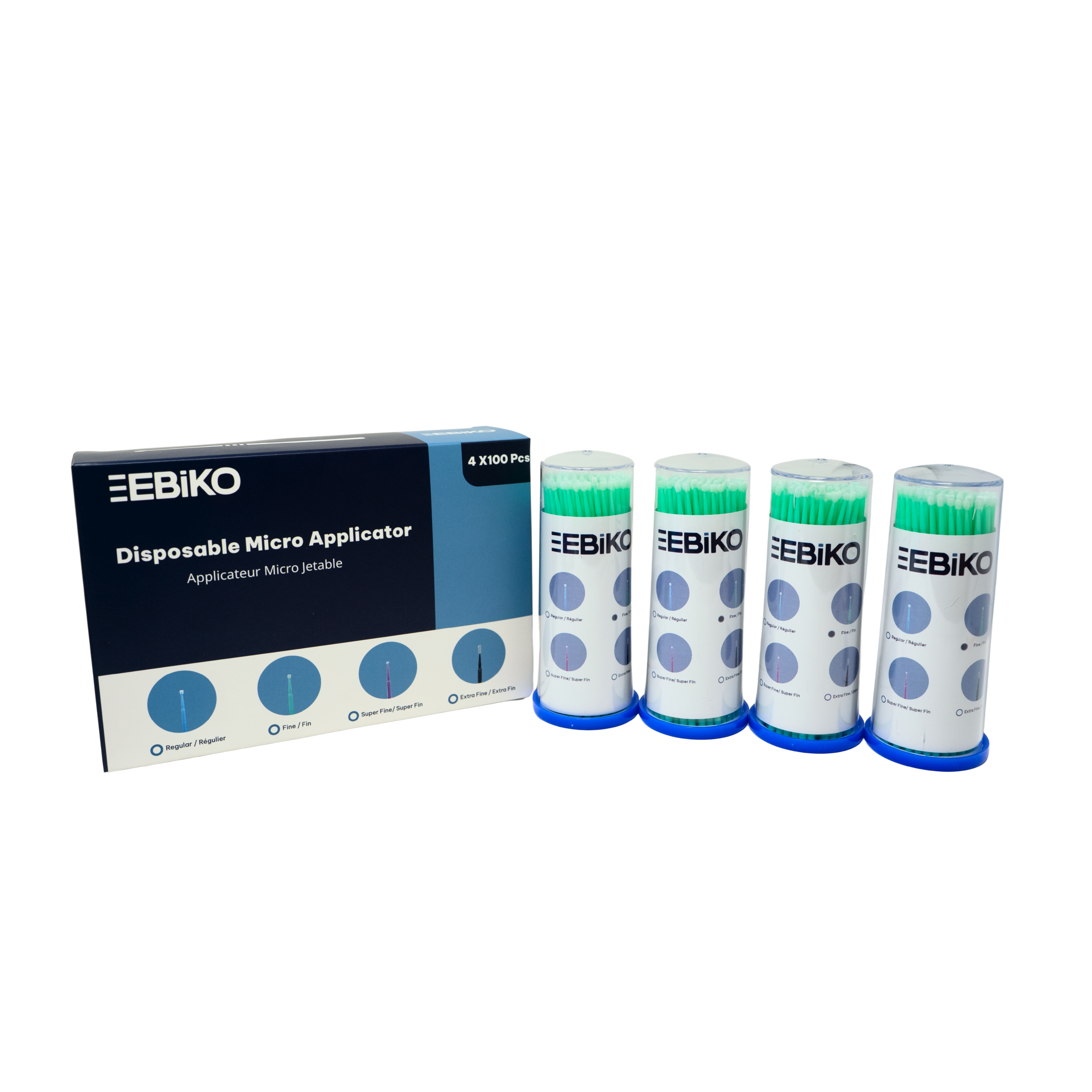 Ebiko disposable micro applicators in assorted sizes, 400 count, packaging box with applicator container shown