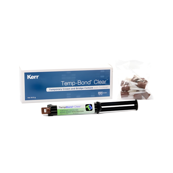 Kerr Temp-Bond Clear dental cement with packaging on a white background-33351