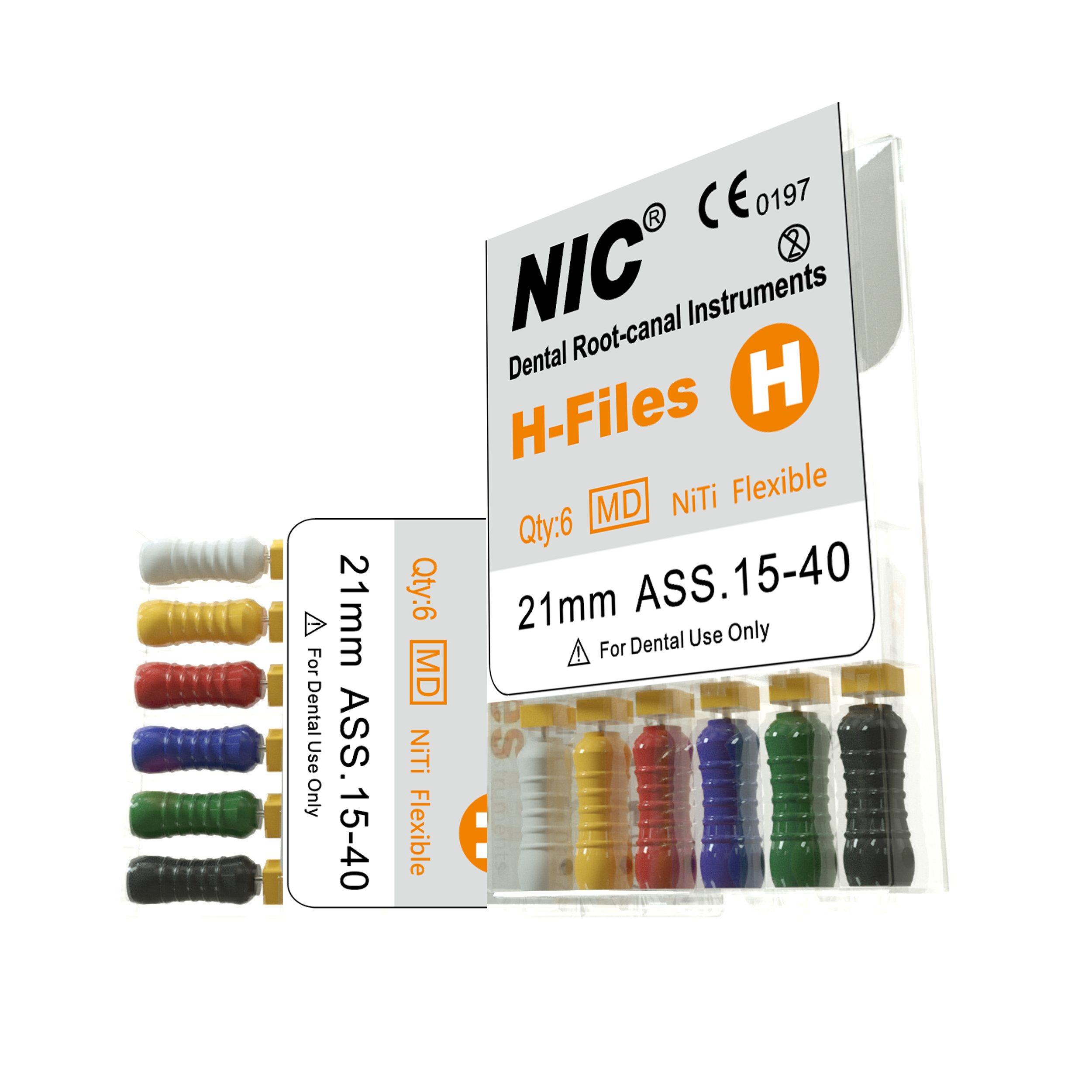 NIC dental root canal instruments packaging with colorful files inside on a white background