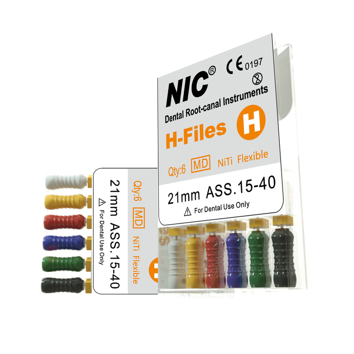 NIC dental root canal instruments packaging with colorful files inside on a white background