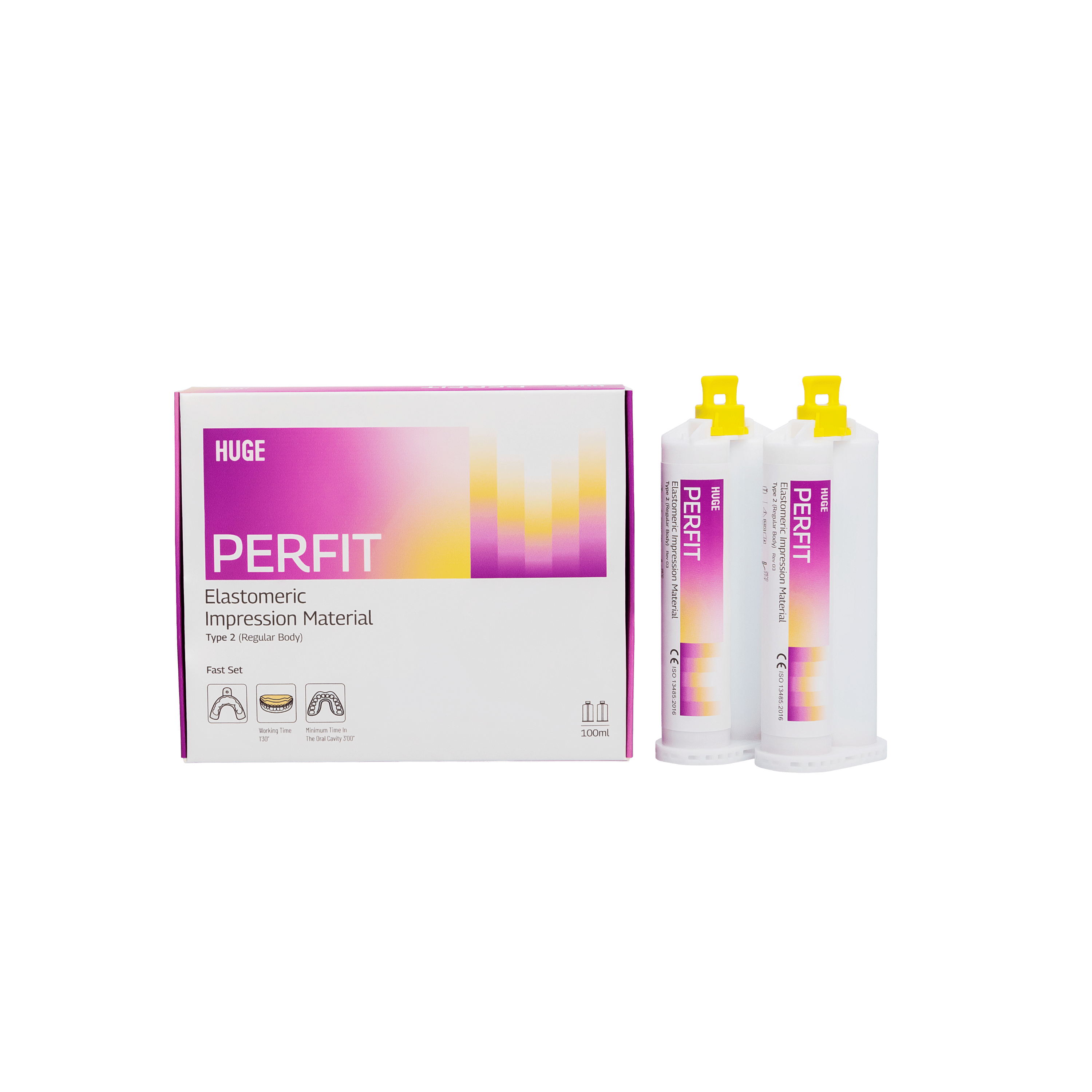 PERFIT RegularBody elastomeric impression material packaging and two bottles on a green background