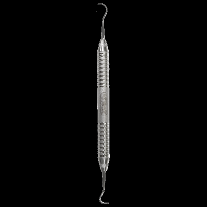 A dental scaler instrument with a thin, durable sickle blade used for periodontal procedures.