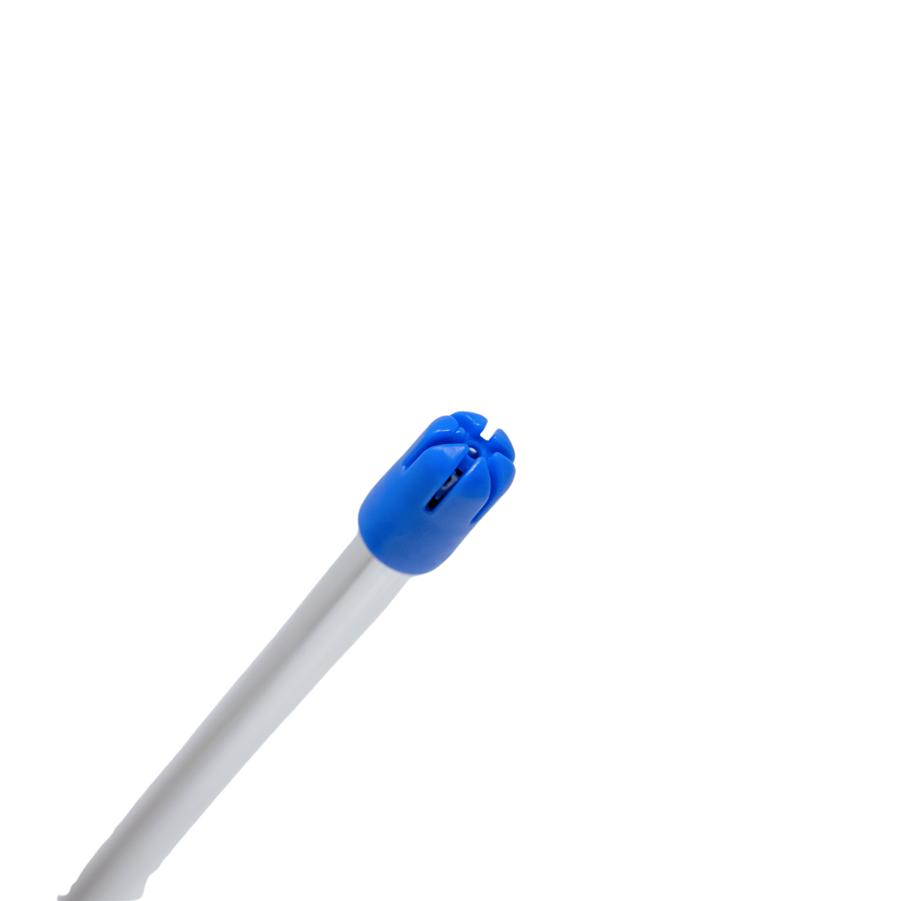 Close-up view of blue on white saliva ejector tips flexible disposable dental suction tips with vented design for moisture control