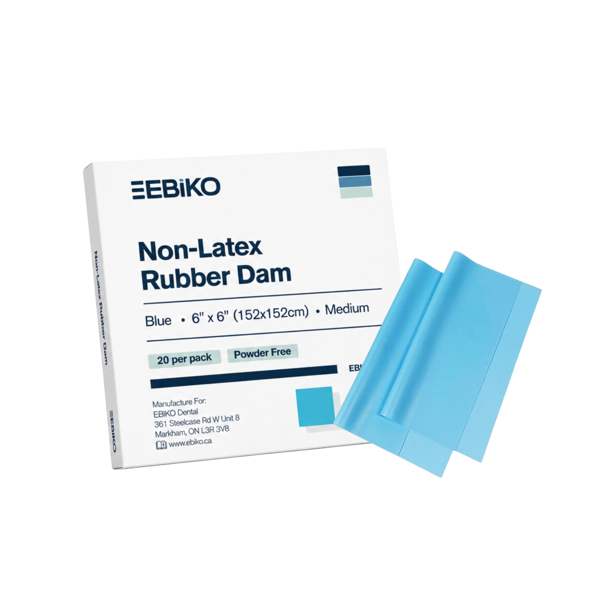 EBIKO Non-Latex Rubber Dam – Blue 6" x 6" Medium, powder-free latex-free dental dam for operative field isolation, 20/Pack – SKU EBK12056 | EBIKO Dental