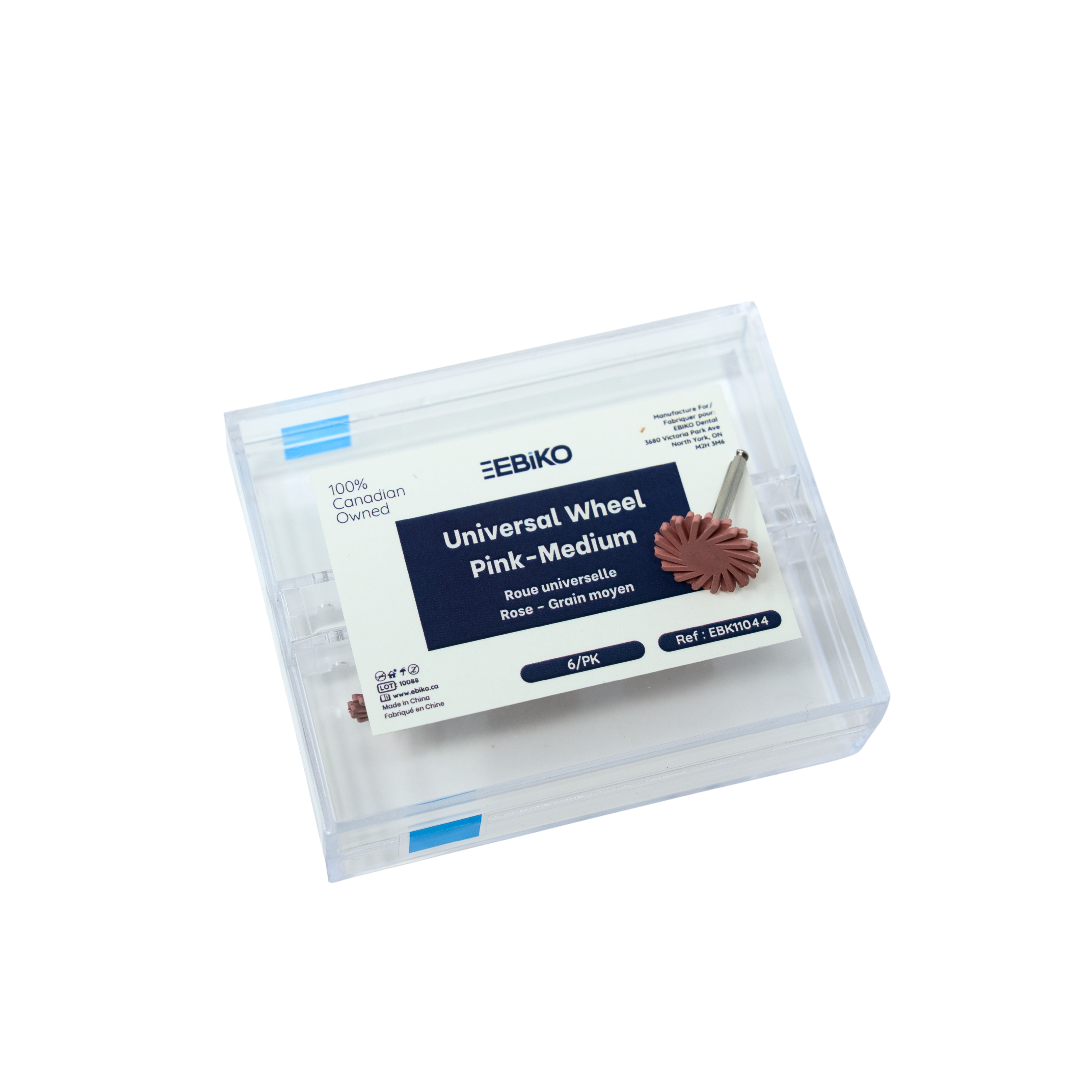 Ebiko Universal Wheel Pink Medium dental polishing wheel, 6 per pack, packaged in a clear box with Ebiko branding
