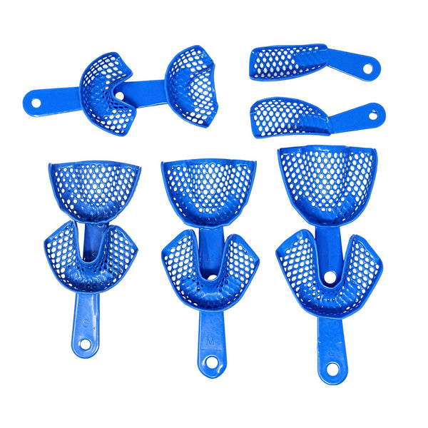 Autoclavable plastic steel impression trays 10 pack in various sizes for dental impressions blue color