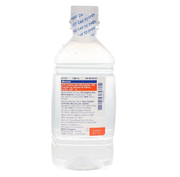 Baxter 0.9 percent sodium chloride irrigation 1000ml sterile saline bottle for dental and surgical use