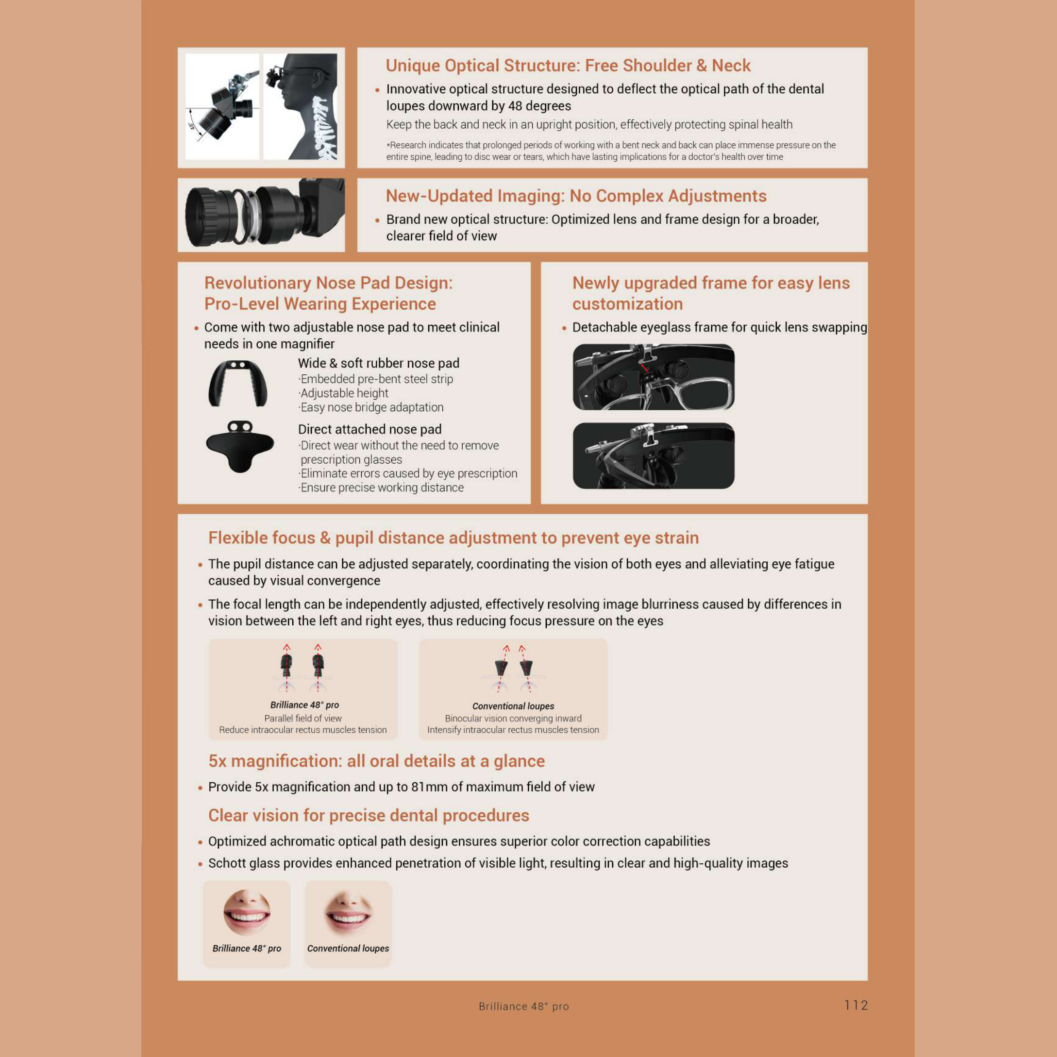 Eighteeth Brilliance Dental Loupes — Brilliance 48 Pro — optics, nose pad and frame adjustment detail