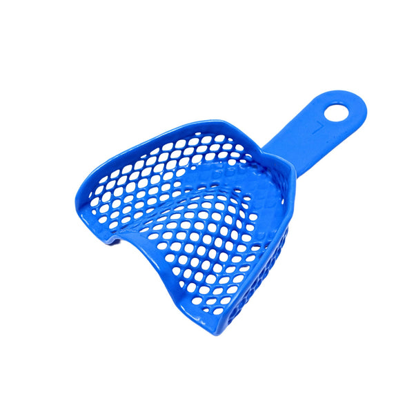 Close-up of autoclavable plastic steel impression tray in blue