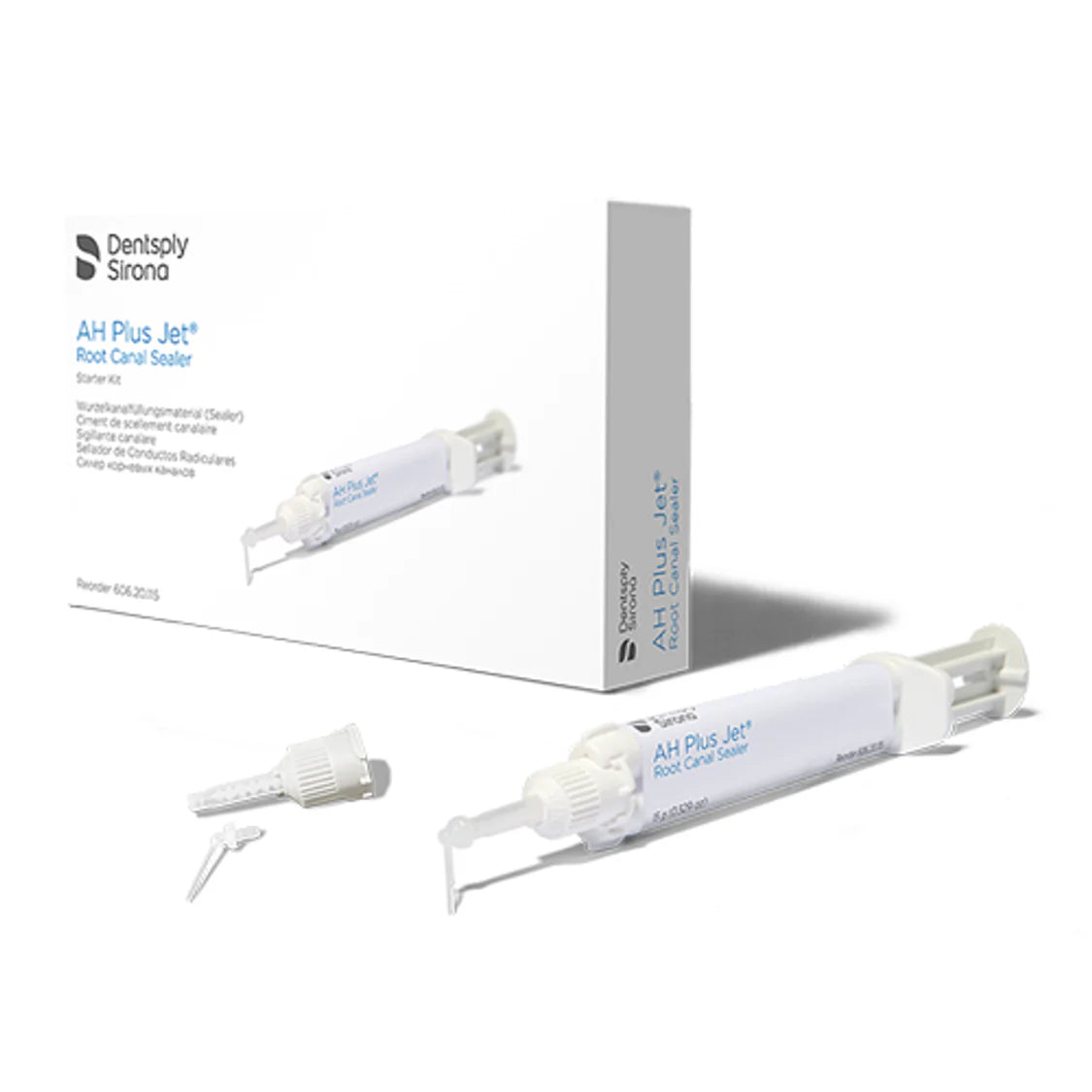 Dentsply Sirona AH Plus Jet root canal sealer with packaging on a white background