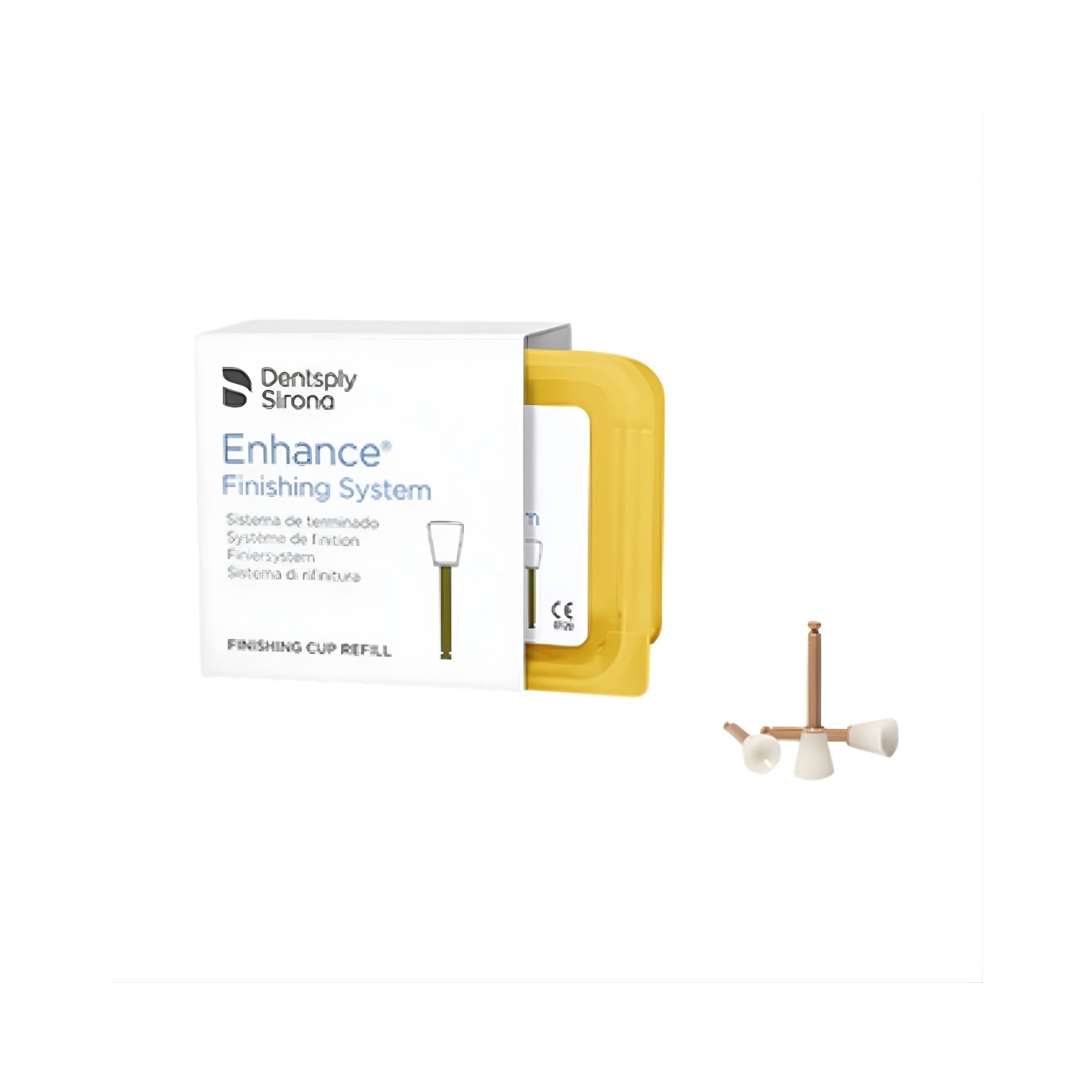 Dentsply Sirona Enhance Finishing System packaging with yellow handle and accessories on a white background
