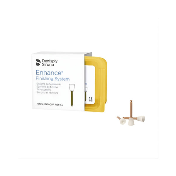 Dentsply Sirona Enhance Finishing System packaging with yellow handle and accessories on a white background