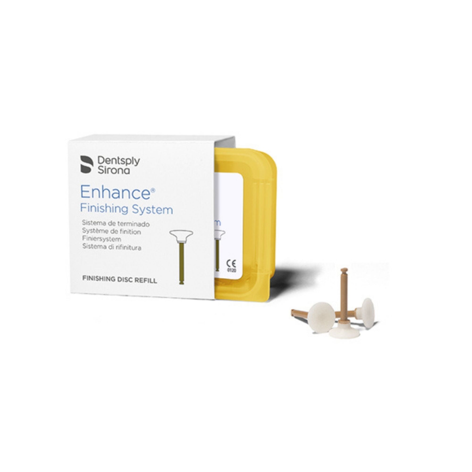Dentsply Sirona Enhance Finishing System packaging with dental finishing discs on a white background