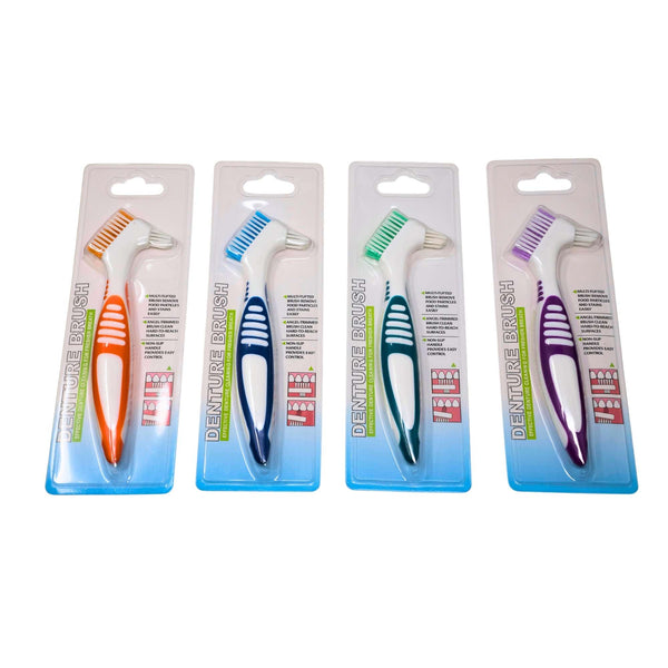 Set of 10 denture brushes with ergonomic handles in assorted colors designed for effective cleaning of dentures and oral appliances individual package