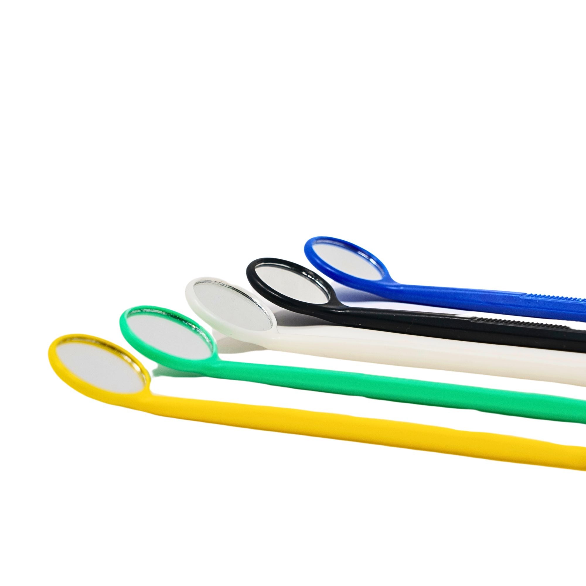 Disposable mouth mirrors in assorted colors angled view