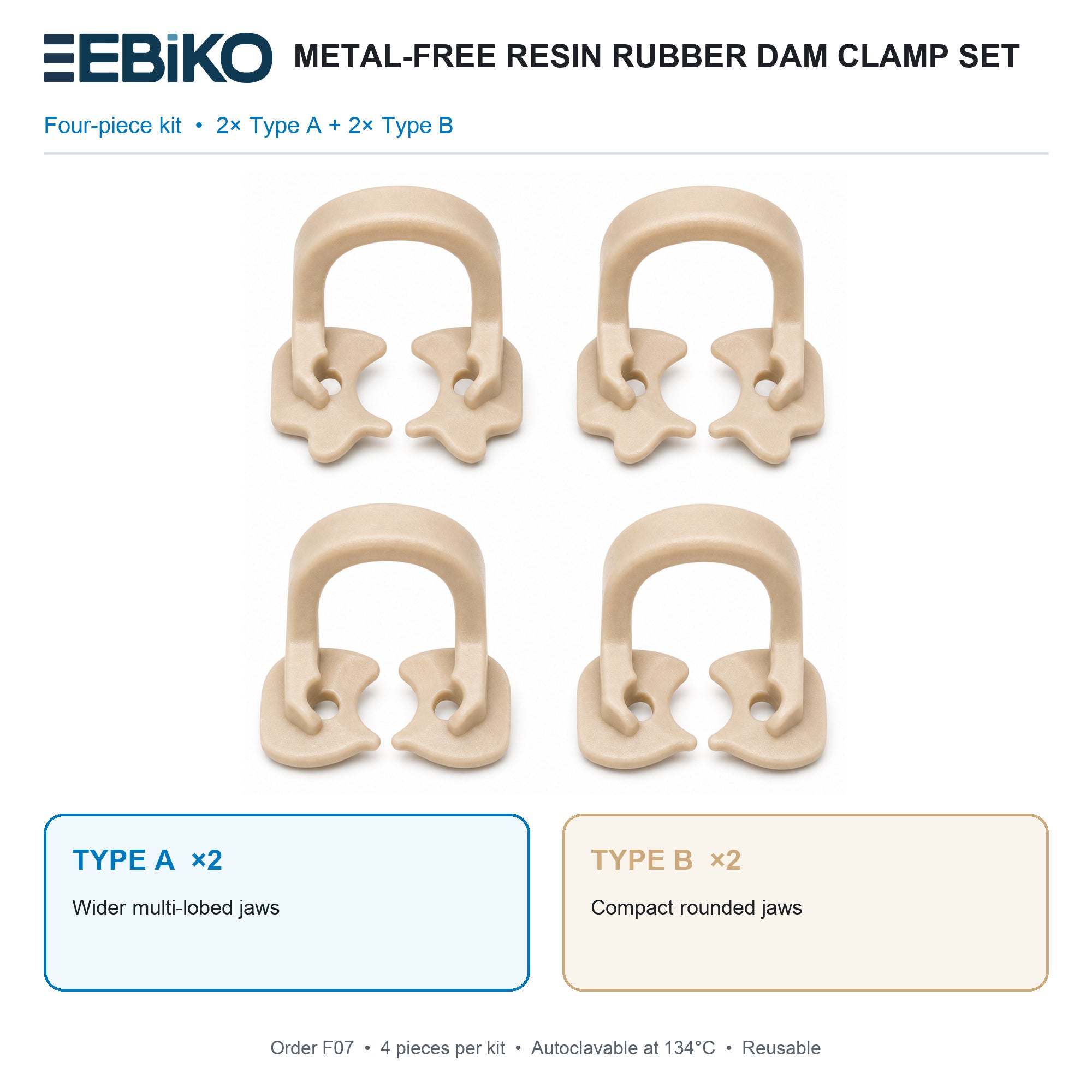 EBIKO Dental Resin Rubber Dam Clamp Kit – Metal-Free (4/box)