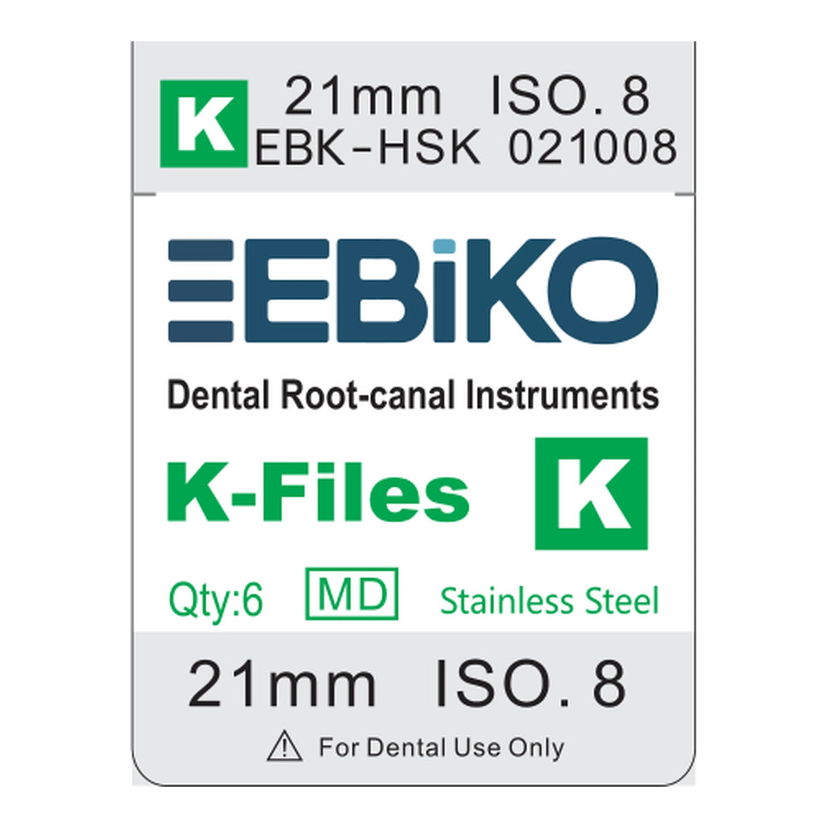 EBIKO Hand K-File Stainless Steel 6/Pk – EBIKO-branded box label | EBIKO Dental