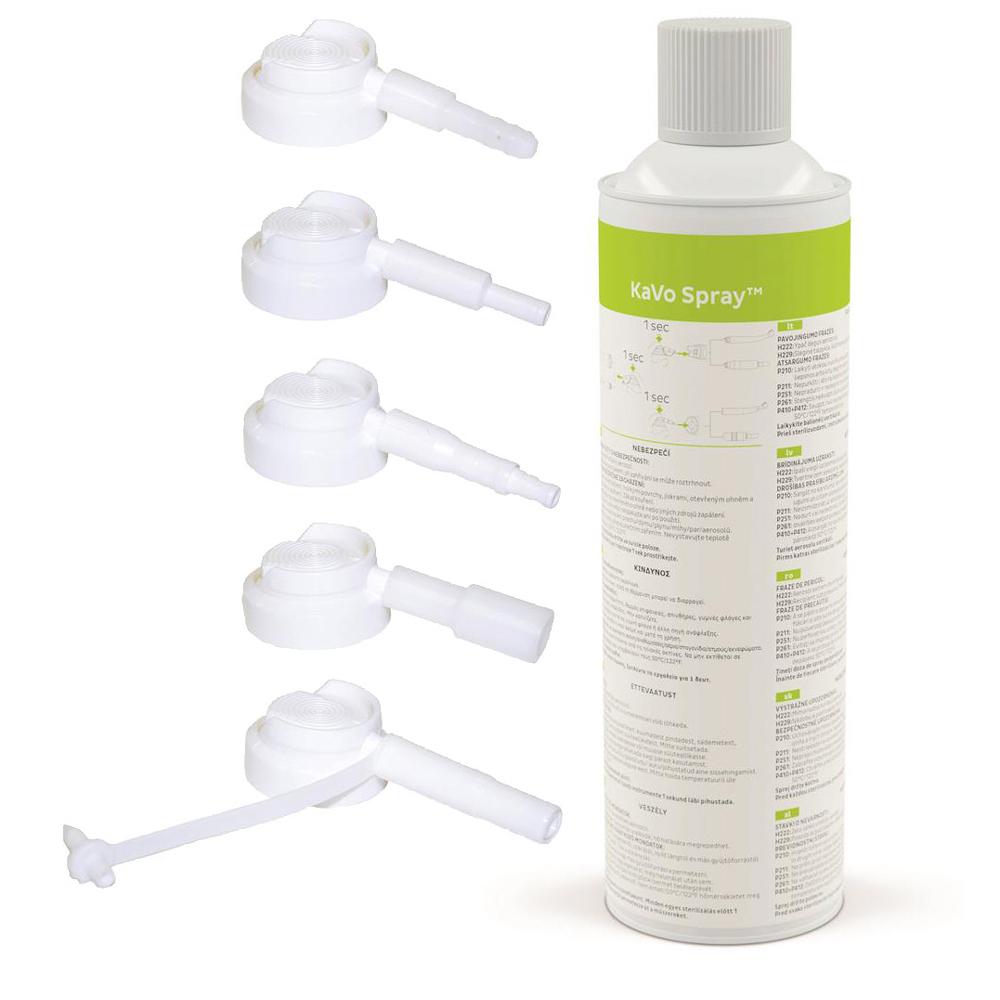 KaVo Spray 500 mL handpiece lubricant can with clip-on spray head nozzles