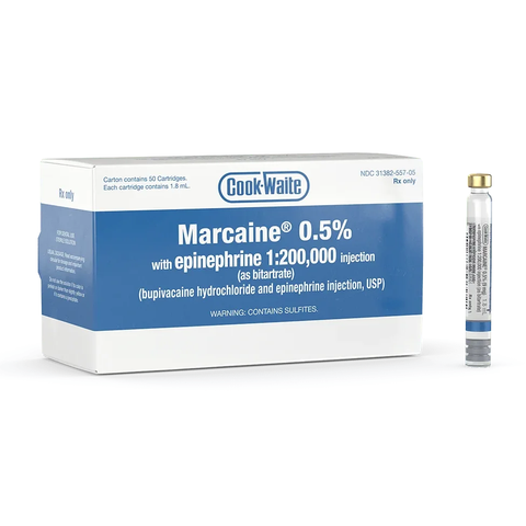 Cook-Waite Marcaine® 0.5% Bupivacaine with Epinephrine 1:200,000 – 1.8 mL Cartridges, 50/Pkg