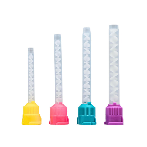 Mixing tips with internal spiral structure yellow pink green purple dental use