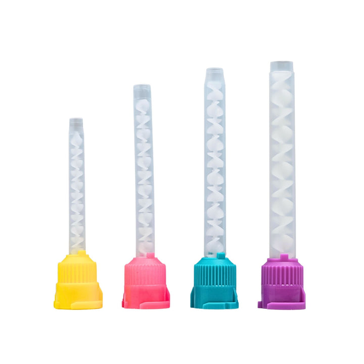 Mixing tips with internal spiral structure yellow pink green purple dental use
