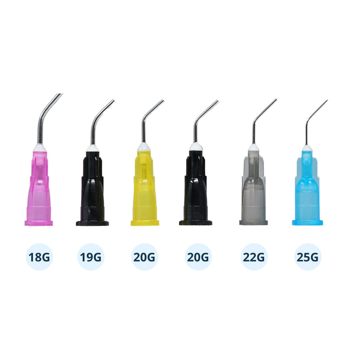 Pre-Bent Dispensing Tips available in 18G 19G 20G 22G and 25G for precise material application in dental procedures