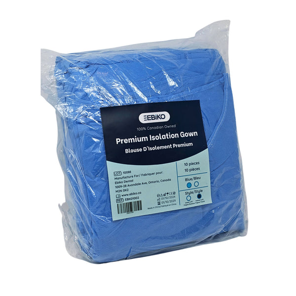 Premium Isolation Gown blue color with knitted cuff outer packaging for dental and medical use