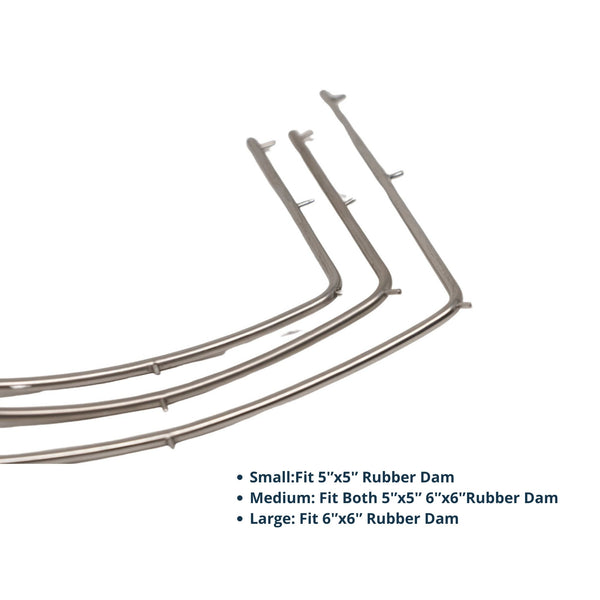 Stainless steel rubber dam frames in small medium and large with size compatibility for 5x5 and 6x6 rubber dams