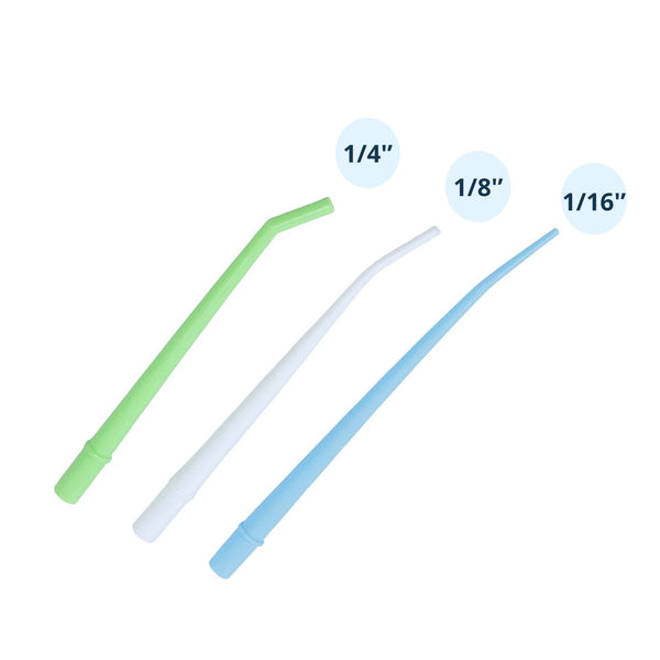 Surgical aspirator tips in green white and blue with sizes 1/4 inch 1/8 inch and 1/16 inch