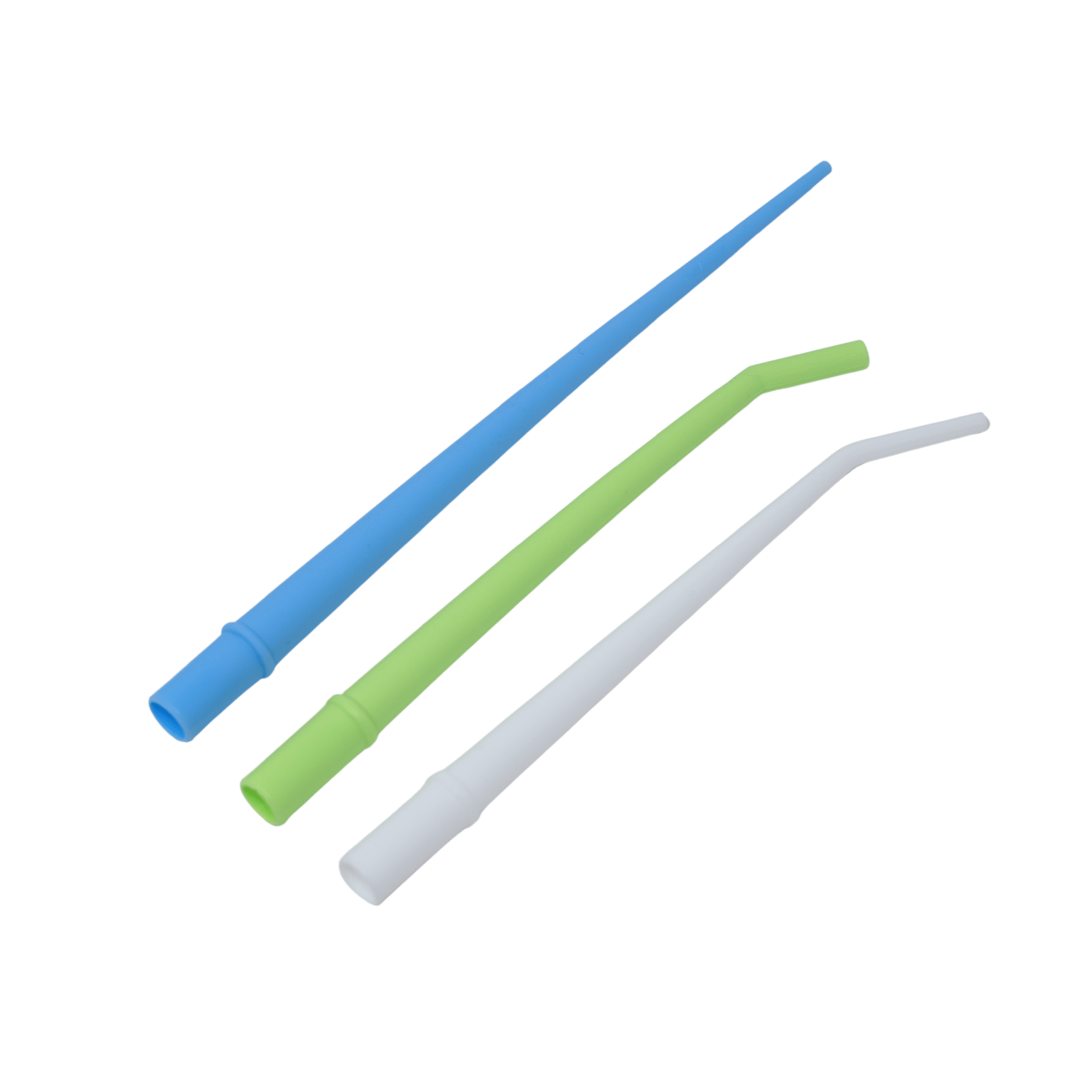 Surgical aspirator tips in green white and blue with sizes 1/4 inch 1/8 inch and 1/16 inch