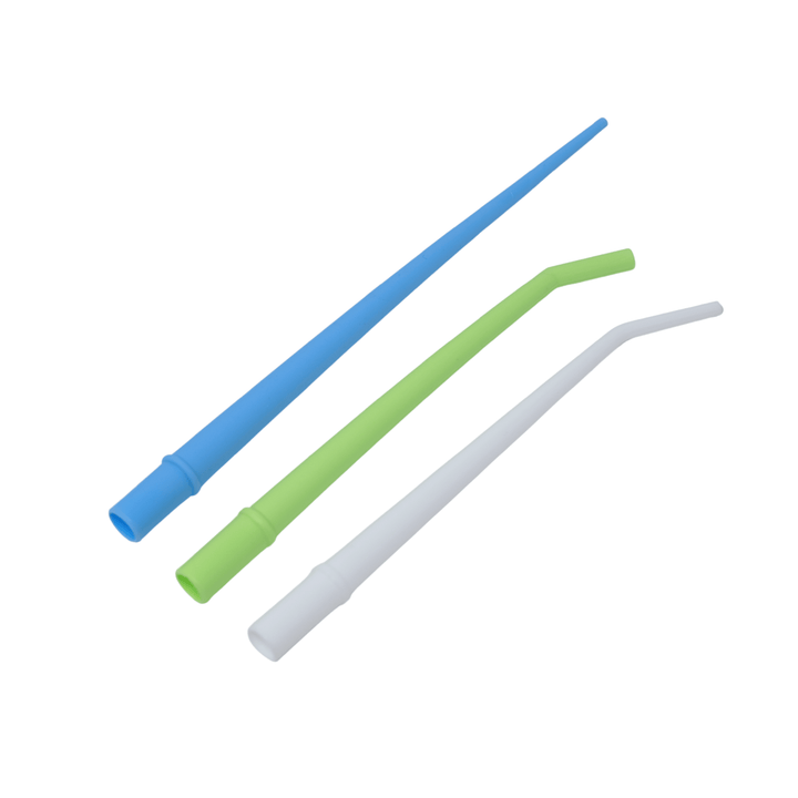 Surgical aspirator tips in green white and blue with sizes 1/4 inch 1/8 inch and 1/16 inch