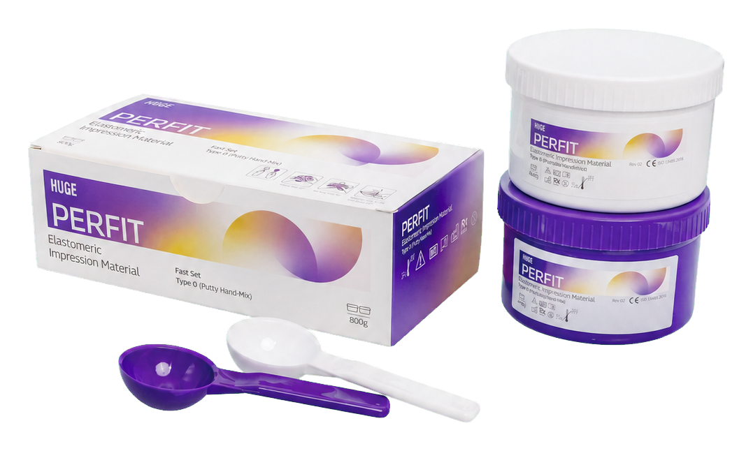 Perfit Putty dental impression material set with box, containers, and spoon on a white background