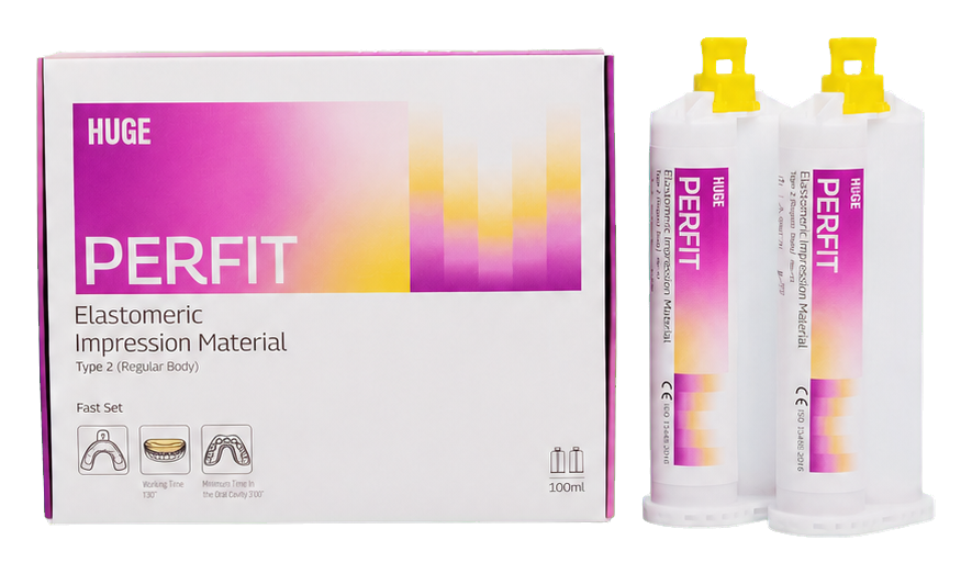 PERFIT RegularBody elastomeric impression material packaging and two bottles on a green background