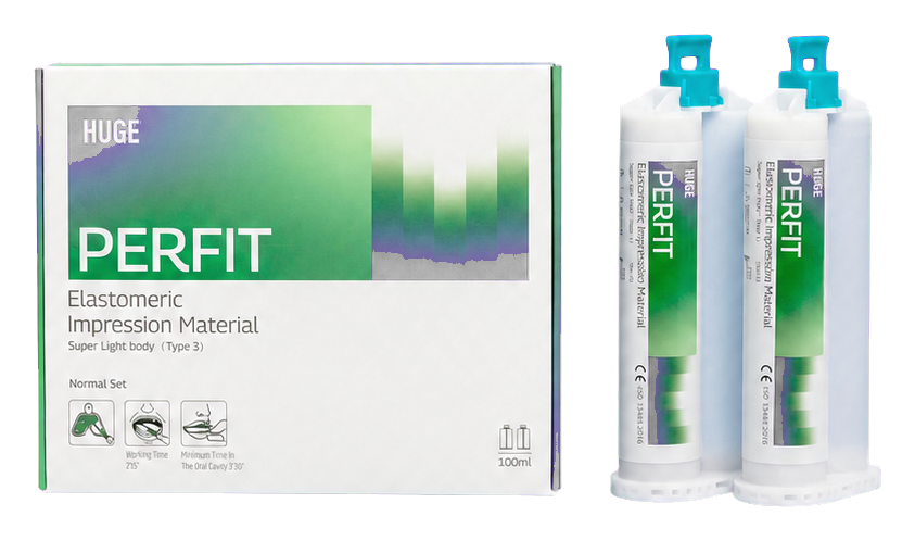 PERFIT SuperLightBody dental impression material packaging and bottles on a white background